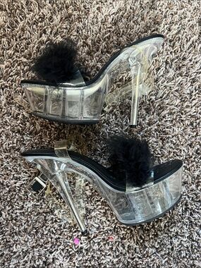 🆕 Clear Platform Heels with Black Feather Accent